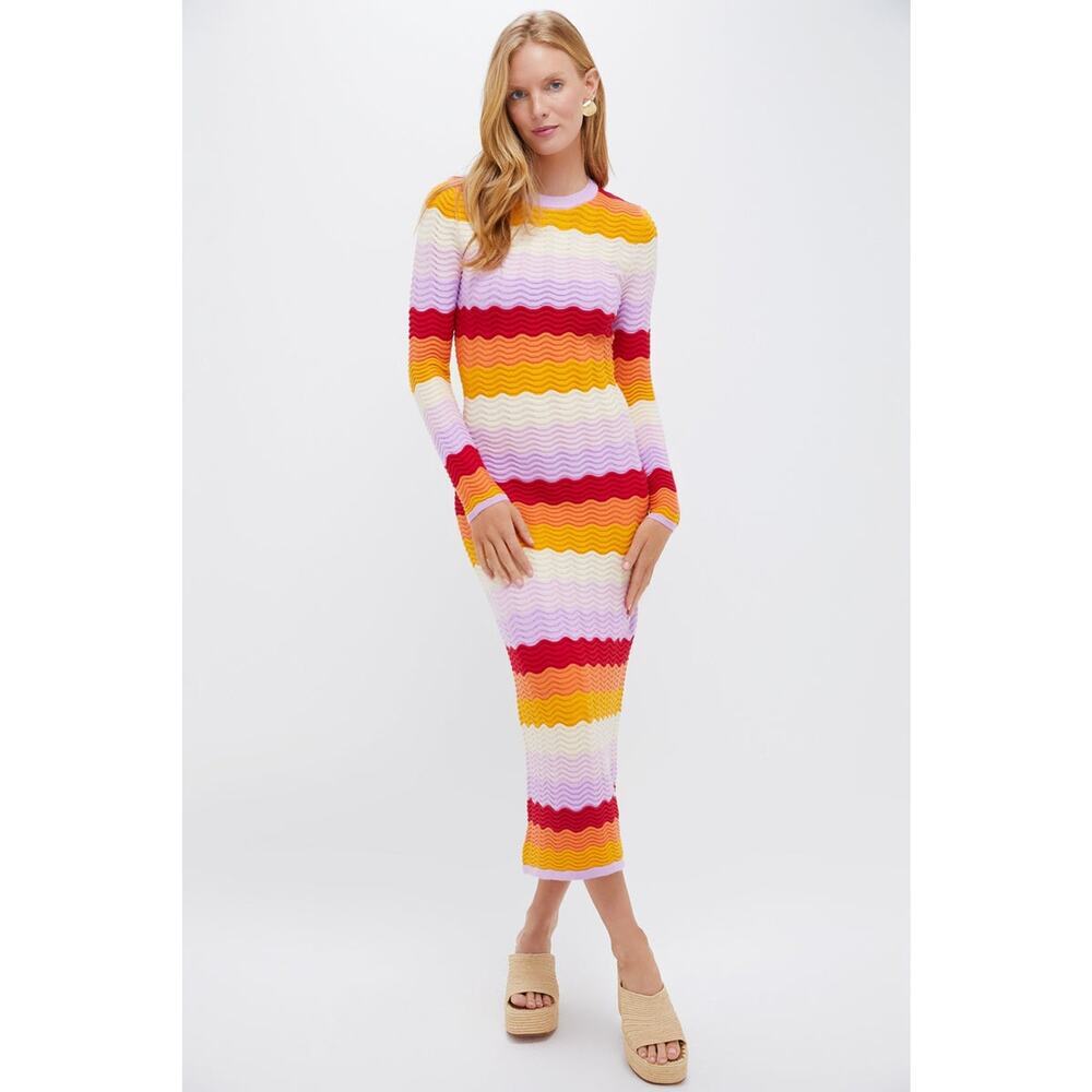 Striped Wave Midi Dress in Pink, Yellow & Red